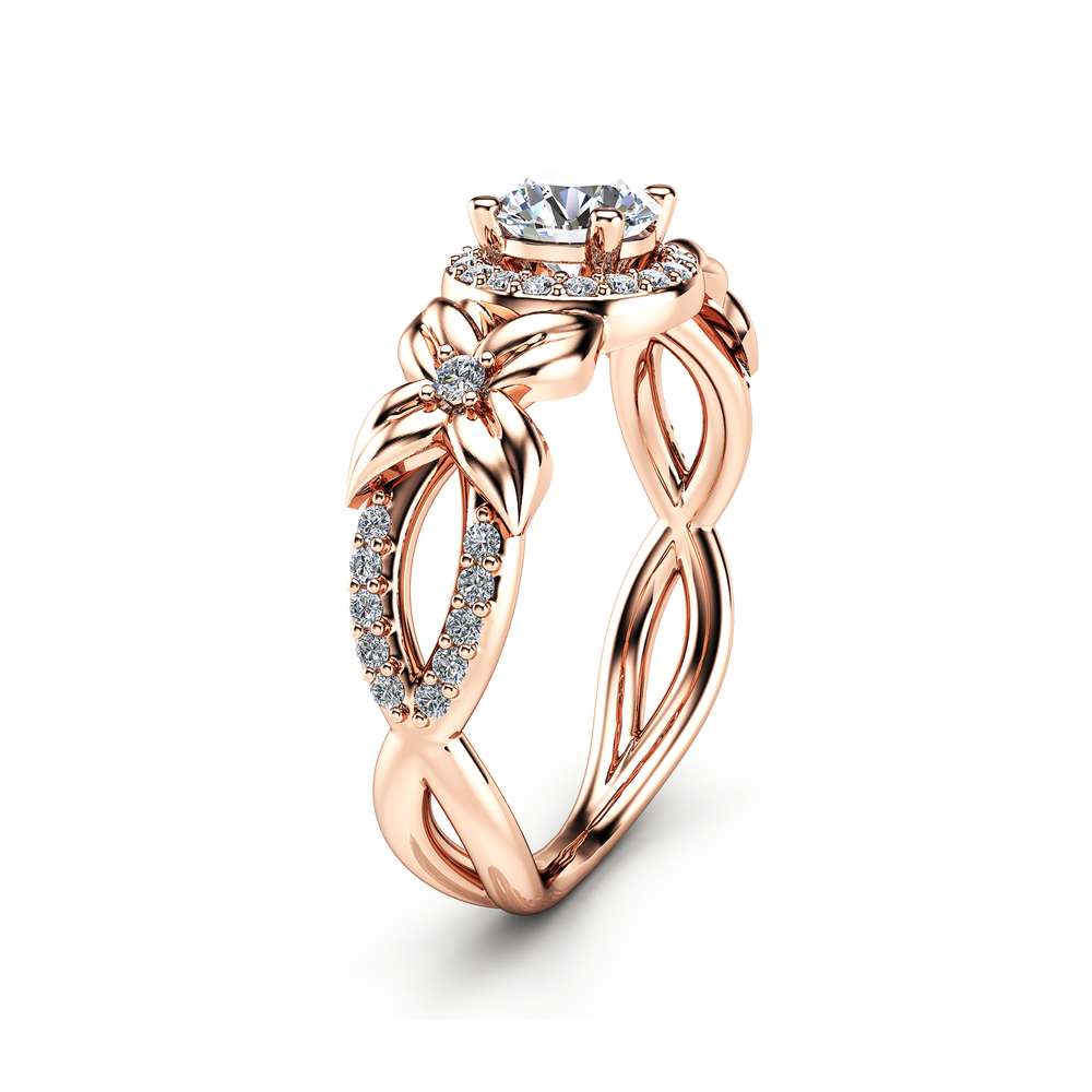 Halo Diamond Engagement Ring 14K Rose Gold Floral Ring Half Carat Natural Diamond Engagement Ring